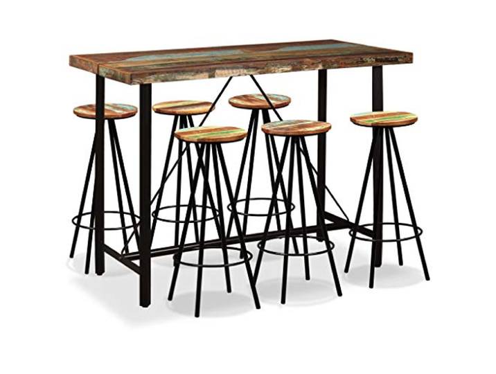 KFPOERTFGD 7-TLG. Bar-Set aus Altholz und Stahl, Bartisch 120 x 60 x 107 cm mit 6 Barhockern, Industriedesign Stehtisch Set für Esszimmer und Küche
