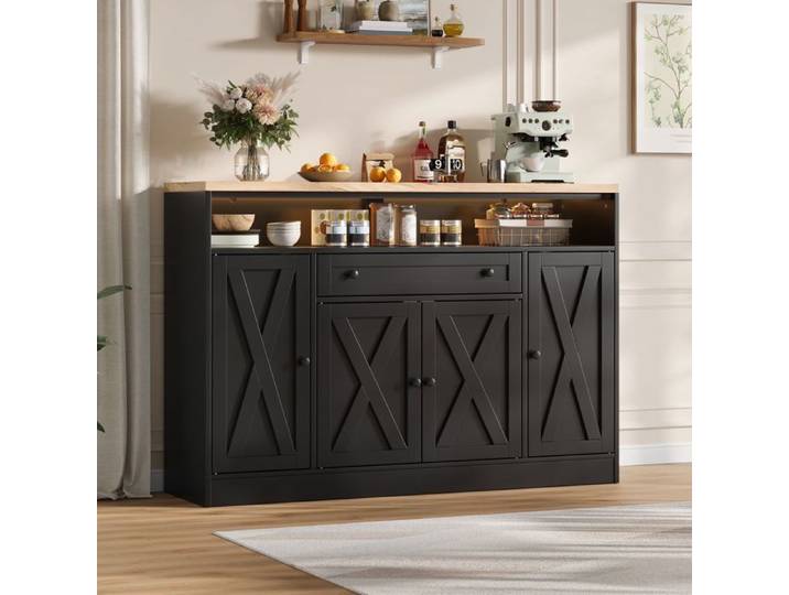 Buffet de cuisine - SOGEU - 140x35x95 cm - 4 portes - 1 tiroir - Éclairage LED RGB
