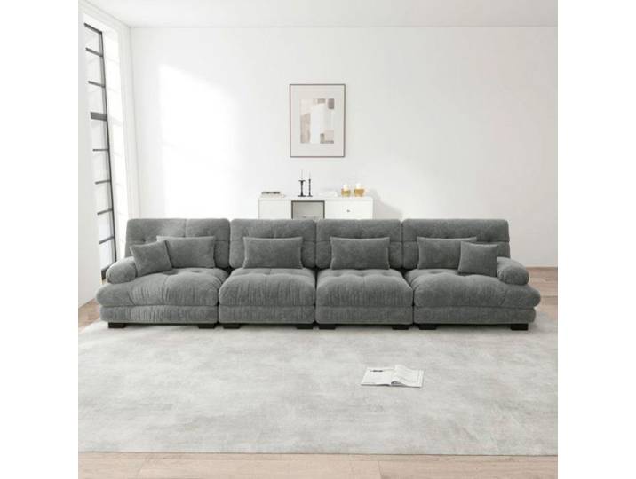 Canapé convertible 4 places modulable et convertible en lit chenille vintage assise profonde