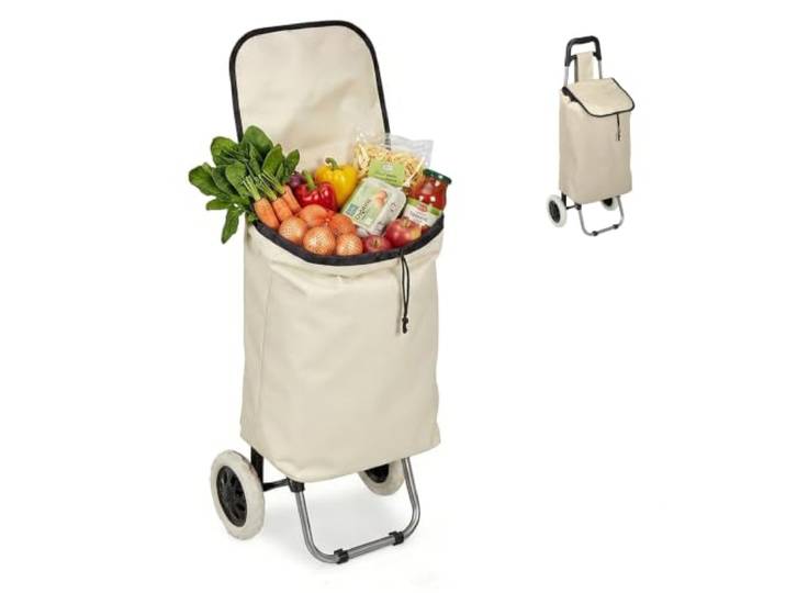 Relaxdays Chariot de Courses Pliable\, Sac Amovible 28 L\, roulettes\, Beige H x L x P : 92\,5 x 42 x 28 cm