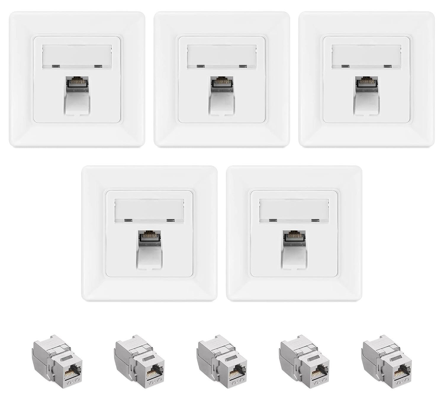 kwmobile Keystone Dose Module Set met 5x Keystone module en 5x netwerkstopcontact met 1-poorts CAT 6A kabel, 10 Gigabit/s, afgeschermd, metalen behuizing, RJ45, kliksluiting