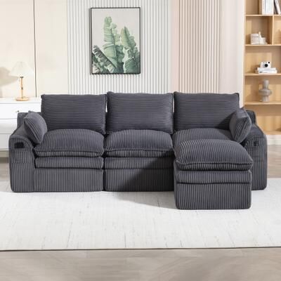 L Shaped Compressed Modular Sectional Sofa Modern Corduroy Upholstered Couches with Movable Footstool