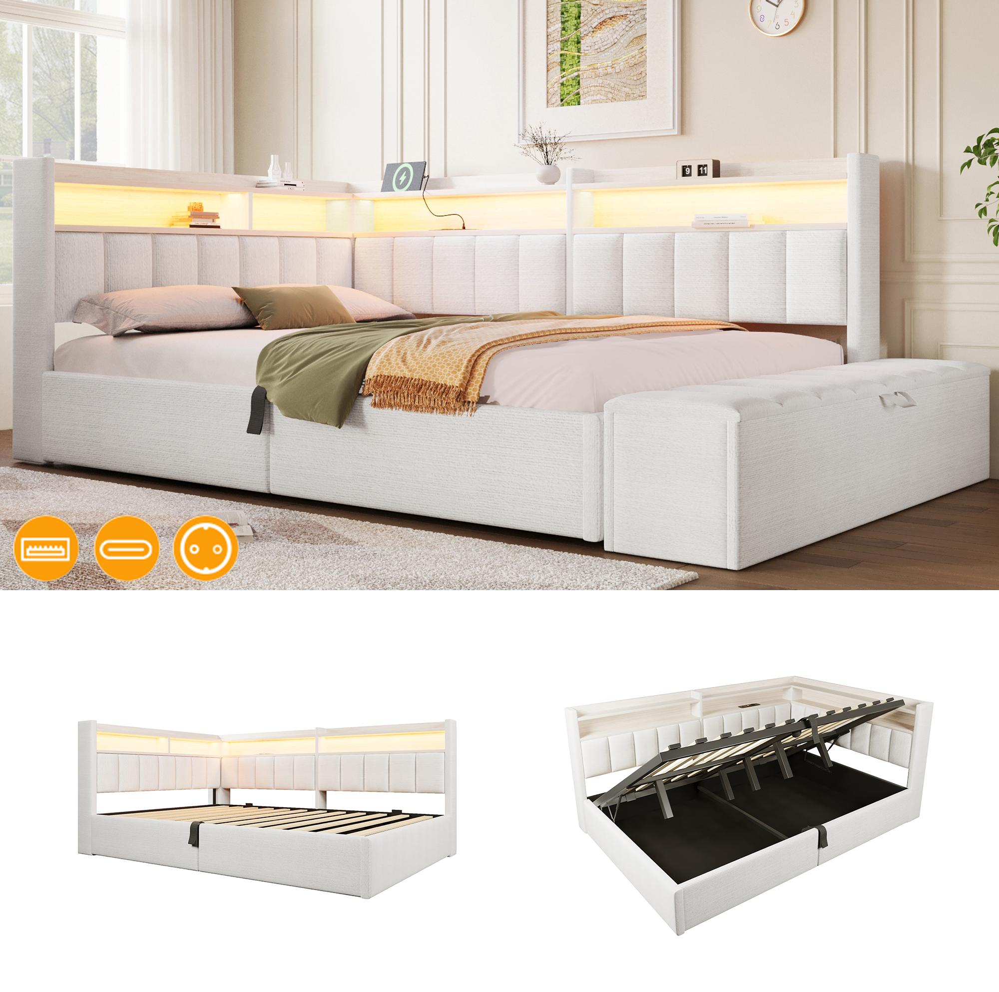 Tagesbett, 140 x 200 cm, Hydraulische Lagerung, Bettendebank, Steckdose, Seiten - Schrankelement links / rechts montierbar, Mit USB-Anschluss