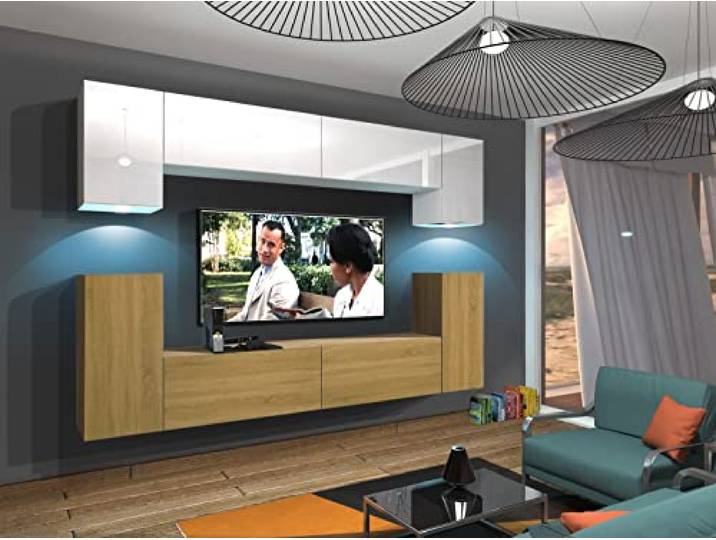Furnitech Wohnwand Wohnzimmer Wohnzimmer Möbel mit LED Weiß Hängend Wohnwand Modern Wohnzimmer Schrankwand mit Regale und TV Schrank (Rodos AN43-17WD-HGM52 1B)