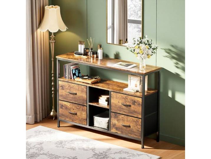 Meuble TV 108 cm Meuble TV Industriel avec 4 Tiroirs et Étagères Cadre en Acier Armoire de Rangement avec LED Marron
