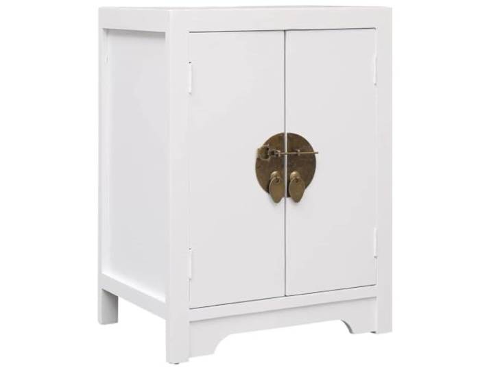 KUTYWEXFM Nachttisch Weiß 38x28x52 cm Beistellschrank Holz mit 2 Türen Kompakter Kommodenschrank im asiatischen Stil mit goldenen Griffriegeln für Schlafzimmer und Wohnzimmer.