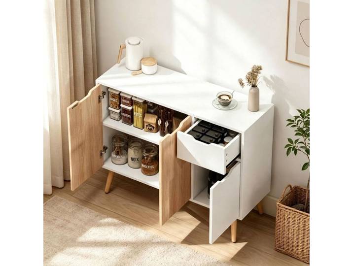 Buffet scandinave blanc et chêne 90x30x72 cm avec tiroirs et portes meuble de rangement Norevia