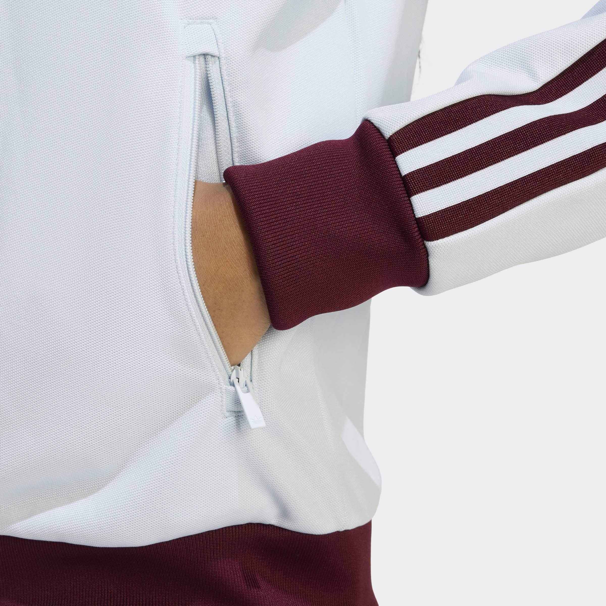 Trainingsjacke ADIDAS ORIGINALS "BECKENBAUER TT", Damen, Gr. M, weiß (crystal sky, maroon), Obermaterial: 52% Baumwolle, 48% Polyester, Jacken Trainingsjacke, aus Baumwolle, reguläre Passform