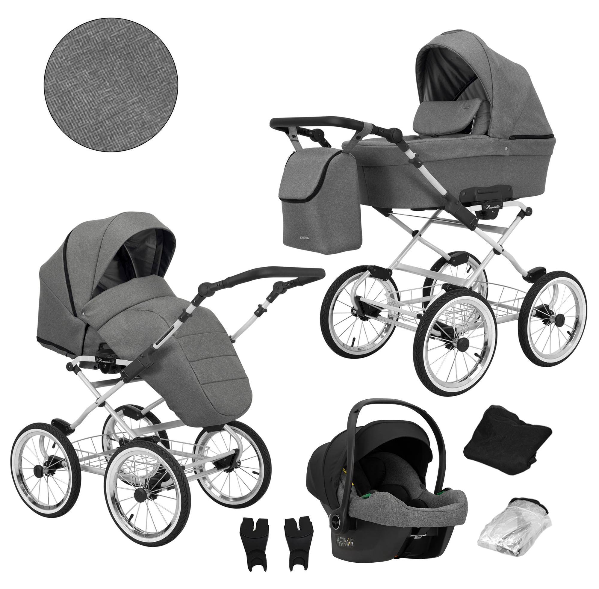 Kunert Romantic 3-in-1 Kombikinderwagen Grau mit Babyschale, Silber-Rahmen