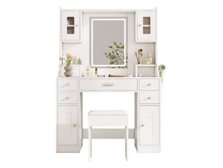 Grande Coiffeuse avec Miroir et Tabouret Éclairage LED Réglable et Prises Blanche Moderne 6 Tiroirs 4 Portes Coiffeuse 105x40x152cm