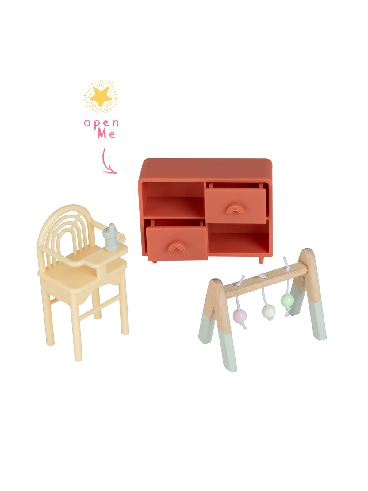 Micki Lundby Kinderzimmer mit Hochstuhl, Babyflasche, Rassel, Spielbogen und Kommode mit zu öffnenden Schubladen. Ab 3 Jahren.