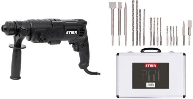 Set STIER SDS-Plus Bohrhammer, 800W (professional) + Bohrer & Meißelsatz, 17-teilig