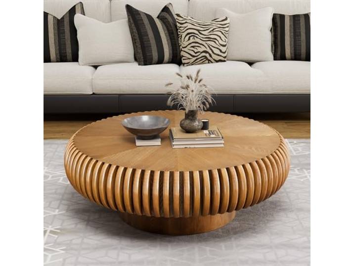 JHKZUDG Handgefertigter Couchtisch aus geriffeltem Holz mit Sockel, Brown Runder Couchtisch, Mid-Century-Modern-Stil, Beistelltisch für das Wohnzimmer, einfache Montage