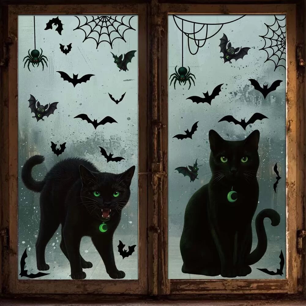 INF Autocollant statique pour verre, motif chat noir et chauve-souris - Lot de 2, décoration d'Halloween