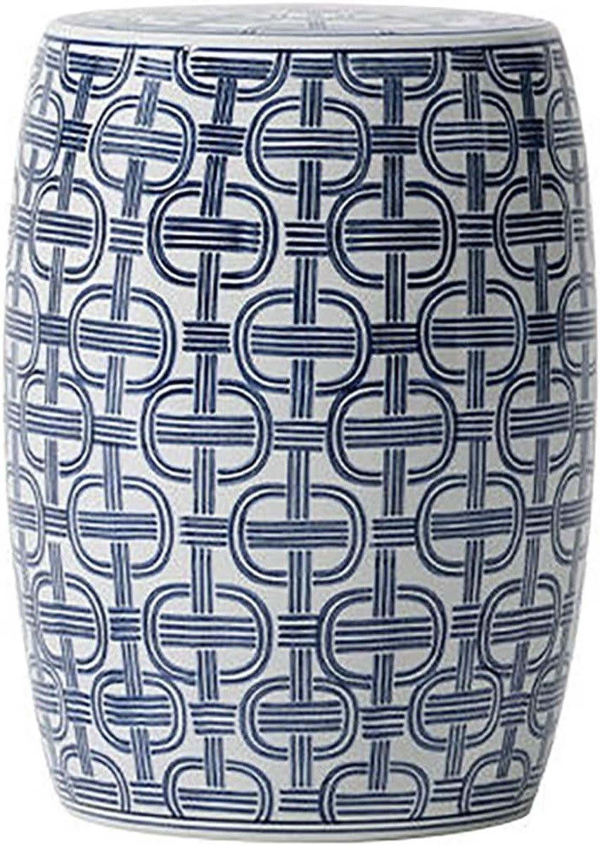 Blauwe Keramische Trommelkruk met Handbeschilderd Patroon - 30 x 44,5 cm