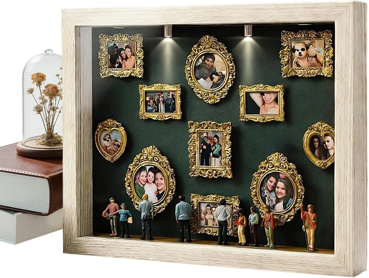 Schaduwdoos Decoratie Mini Museum voor Herinneringen met Mini Lijsten - Natuurlijk Hout - B: 31.4 cm, H: 22.7 cm