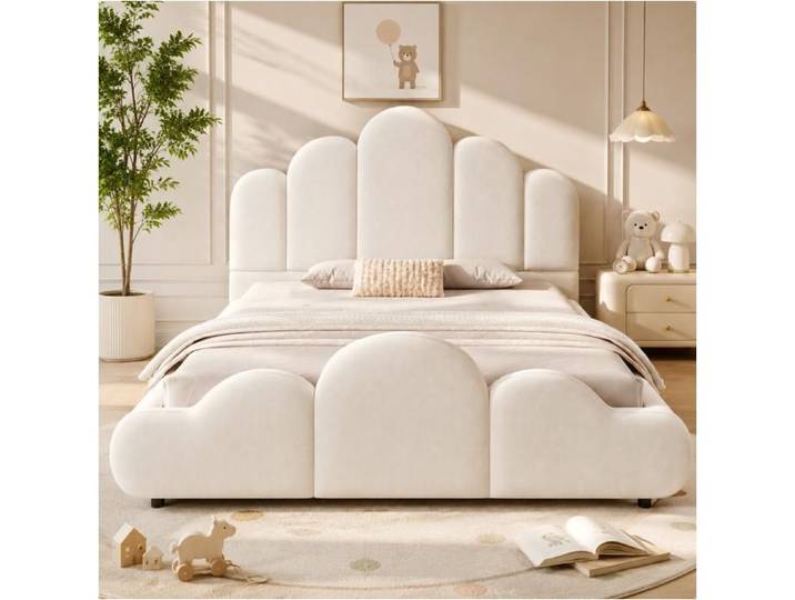 Lit rembourré enfant 140 x 200cm tête de lit rembourrée coins arrondis velours beige
