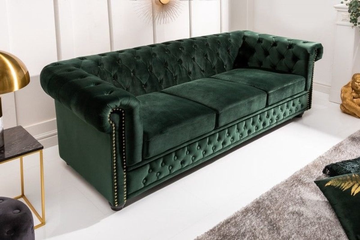 Invicta Interior Chesterfield 3-zitsbank flesgroen fluweel met knoopstiksel en veerkern, Breedte: 205 cm