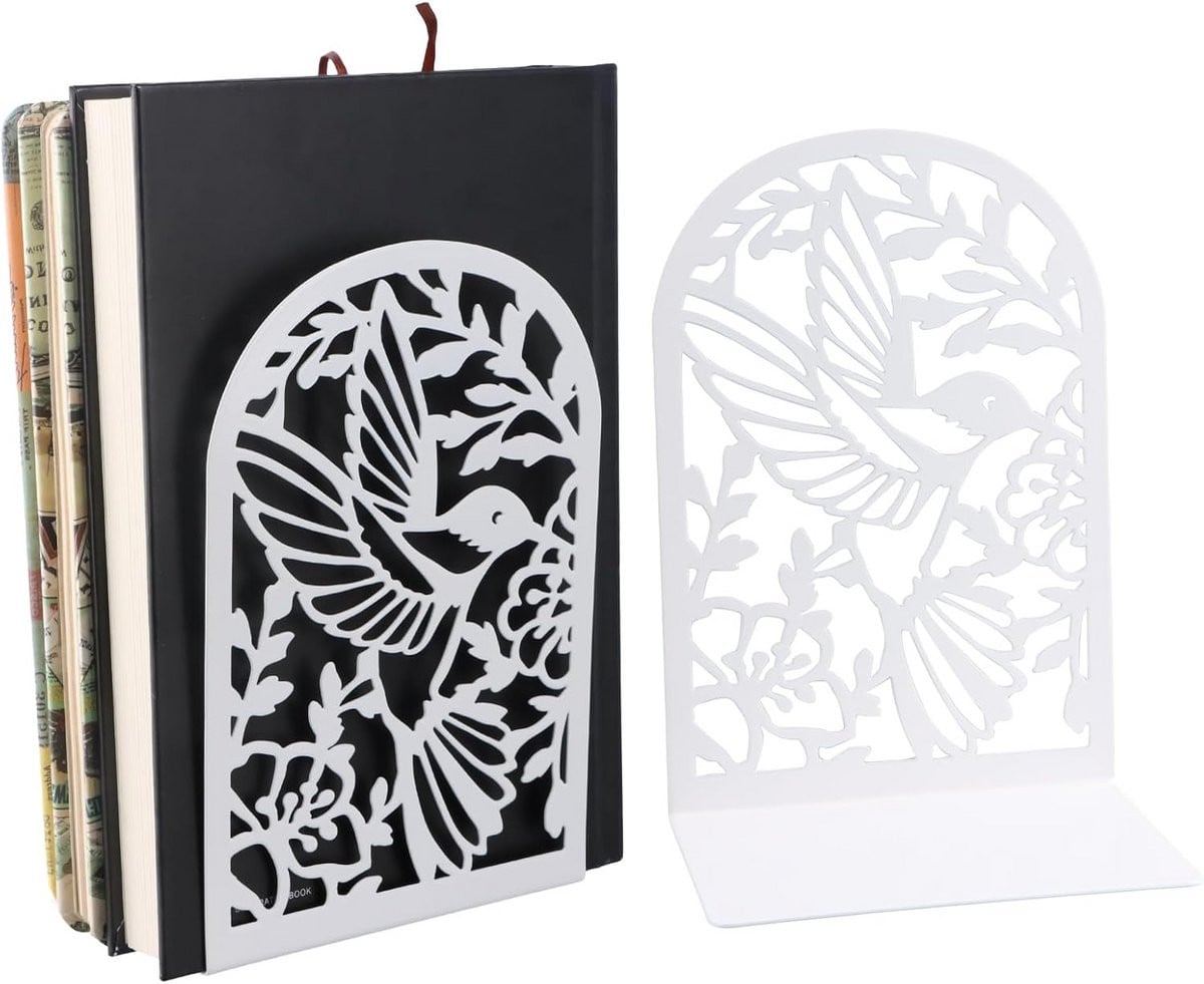 Set van 2 stevige metalen boekensteunen met boom en vogel design voor boekenplank organisatie
