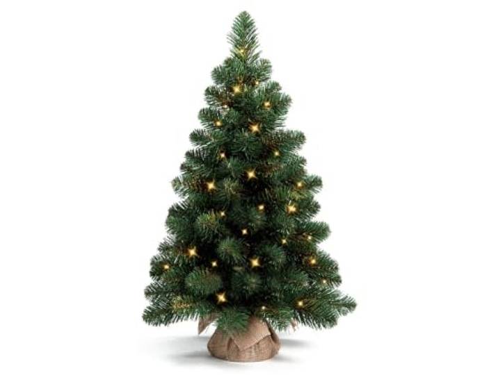 LAALU Künstlicher Weihnachtsbaum NARNIE 75 cm grün 2D 90 Zweige 40 warmweiße LED inkl. Pflanztopf mit Jutesack