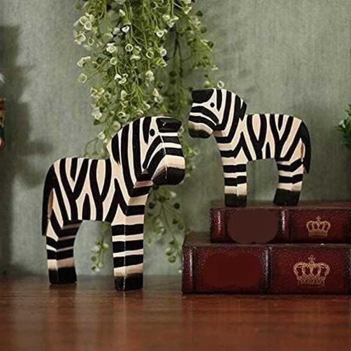 Set van 2 Houten Zebra Standbeelden in Houtkleur voor Decoratie