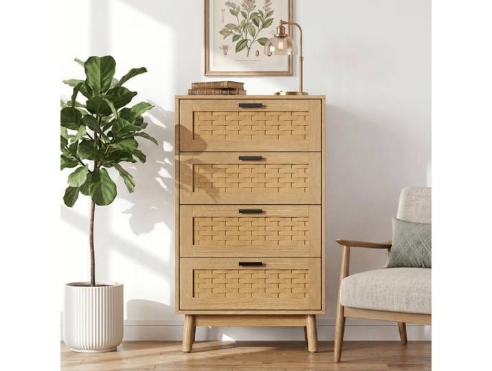 Chiffonnier avec 4 tiroirs en rotin Commode haute - Style scandinave - Commode étroite pour chambre Commode Chêne 55x40x95 cm