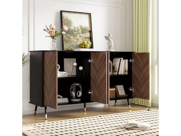 ROVRYN Buffet bas 140 cm 4 portes avec étagères réglables motif chevrons MDF noir et marron