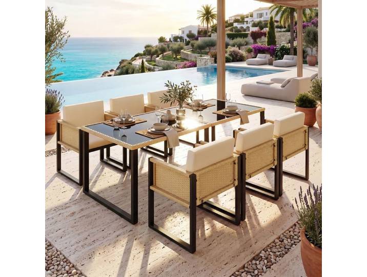 Salon de jardin polyrotin 6 places table + chaises housses démontables