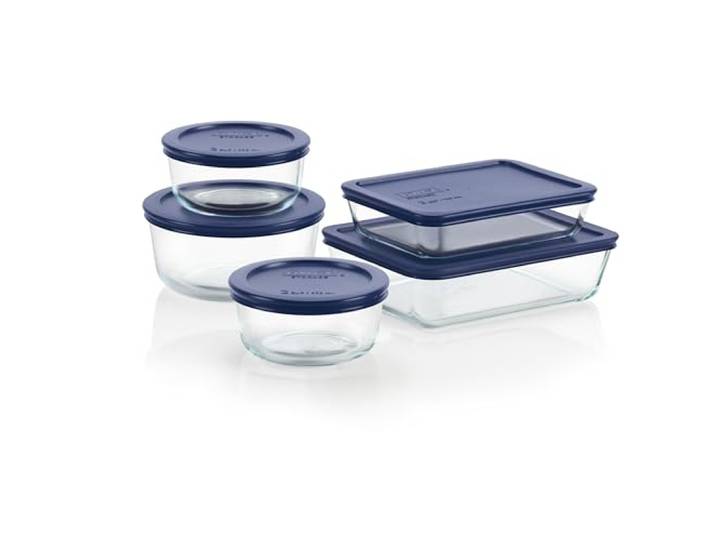 Pyrex Frischhalteset aus Glas, für 6, 3 und 4 Tassen, runde und rechteckige Behälter mit Deckel, BPA-frei, spülmaschinen- und mikrowellengeeignet, Blau, 10-teilig