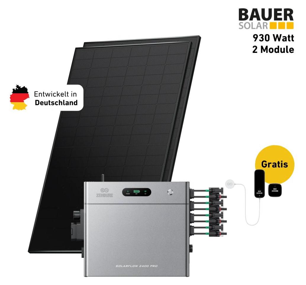 900 Watt, Bifazial Komplettset, Balkonkraftwerk, Zendure Solarflow 2400 Pro, 2 x AB3000L Zusatzbatterien, Halterung Garten/Flachdach horizontal