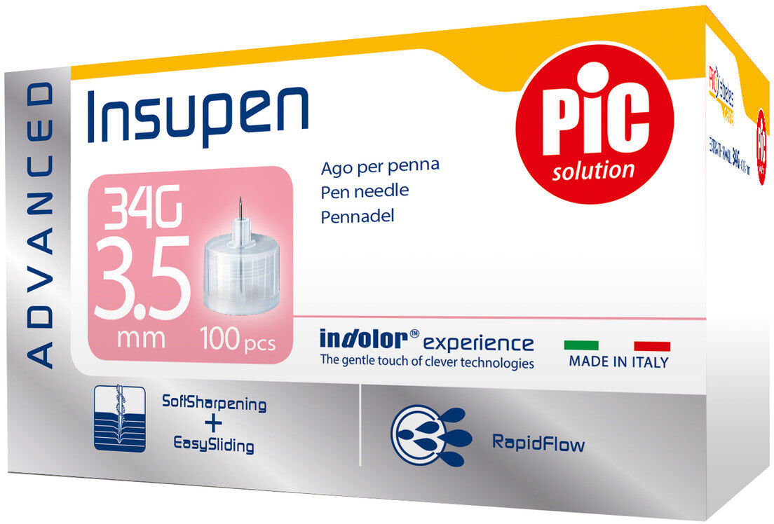 Pic Solution Insupen Advanced Aghi per Penna 34G 3,5 mm, 100 Pezzi