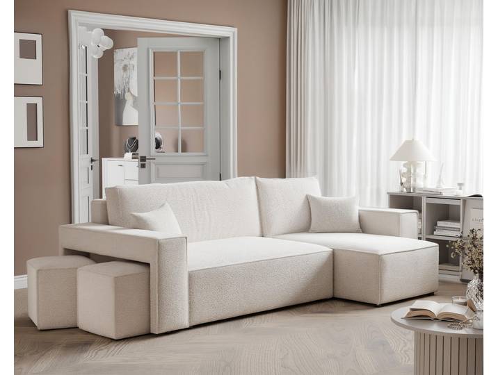 Idohome–Moderne Ecksofa PARIS mit Hockern mit Schlaffunktion, L-förmigen, Universale Couch, Bettcouch - Farbe: Creme Centaur 01