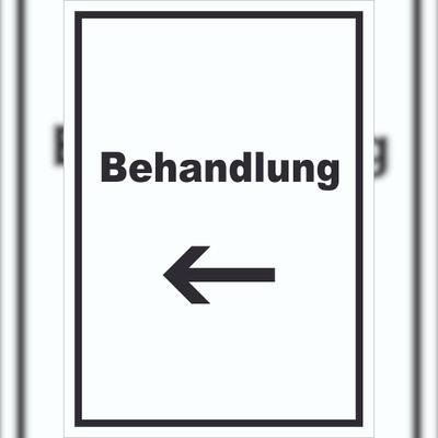 HB-Druck Behandlung Schild mit Text und Richtungspfeil links Behandlungsraum hochkant A4 (210x297mm)
