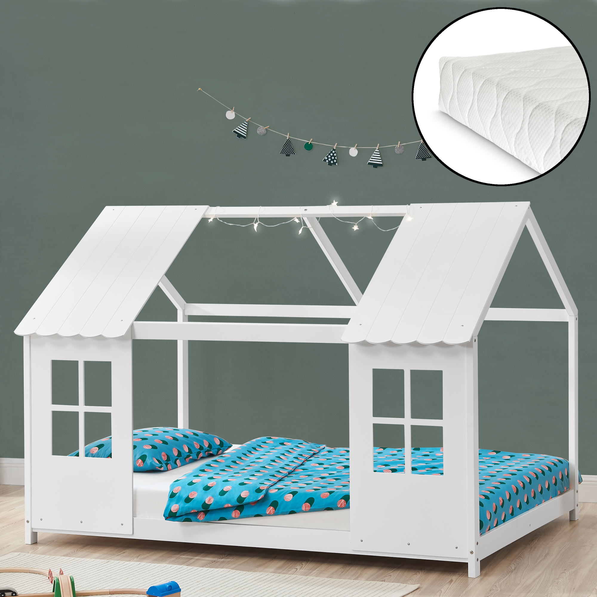 Kinderbett 'Tostedt' Halboffenes Design 140x200cm mit Matratze Weiß