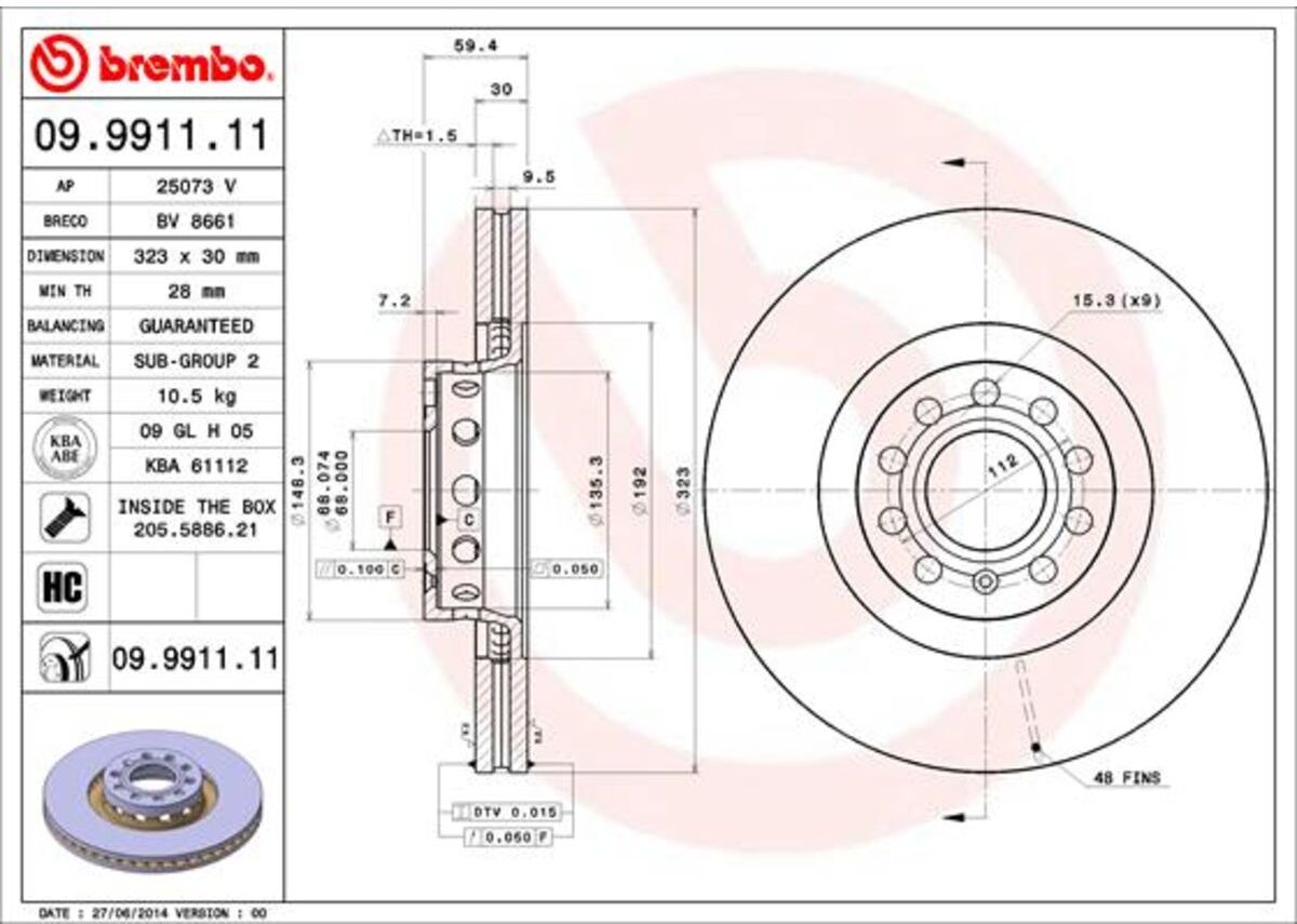 Disque de frein BREMBO 9991111 avant, ventilé, à haute teneur en carbone, 1 pièce