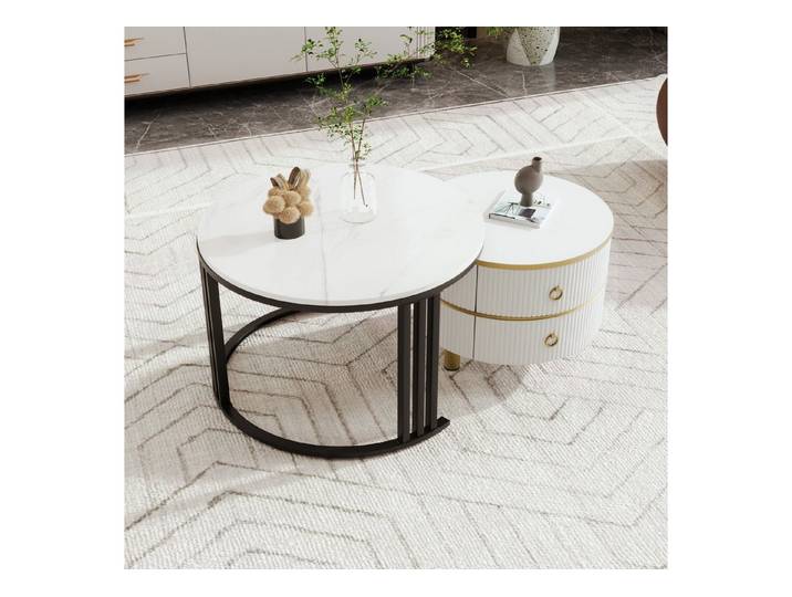 STILVORA Couchtisch mit Schublade,2-in-1 runder Wohnzimmertisch Sofatisch mit Marmorplatte (Beistelltisch mit glänzender Platte und 1 weißer Marmorplatte, 2-St., Couchtisch Mit 2 Schubladen), 70*70*45+50*50*40 cm