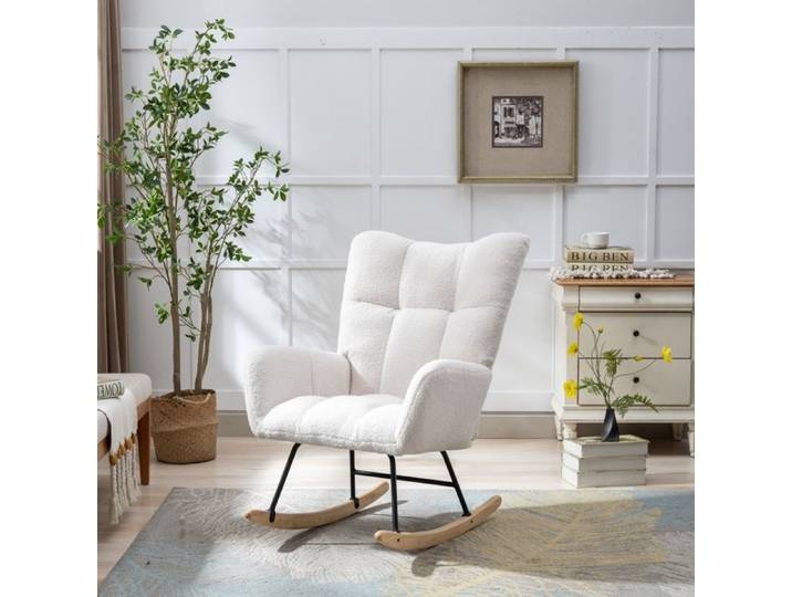 Fauteuil à Bascule - 65x77x90cm - Fauteuil Rocking Chair Tissu Bouclette Teddy avec Poche et Pieds Bois Massif - Blanc