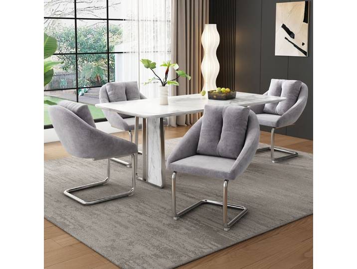 Lot de 4 Chaises de Salle à Manger Fauteuil Lounge en Velours Assise Rembourrée avec Coussin Pieds Métal Gris