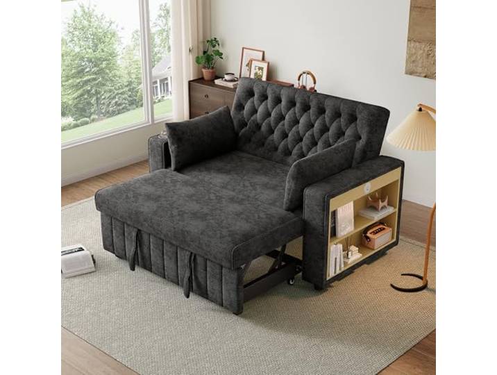 Merax Multifunktionales 3-in-1 Schlafsofa mit Stauraum, USB & Getränkehalter – Modernes 2-Sitzer Ausziehsofa für Wohnzimmer & Gästezimmer