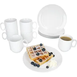 12tlg Frühstücksset Tommy weiß Porzellan 6 Personen Teller Becher stapelbar