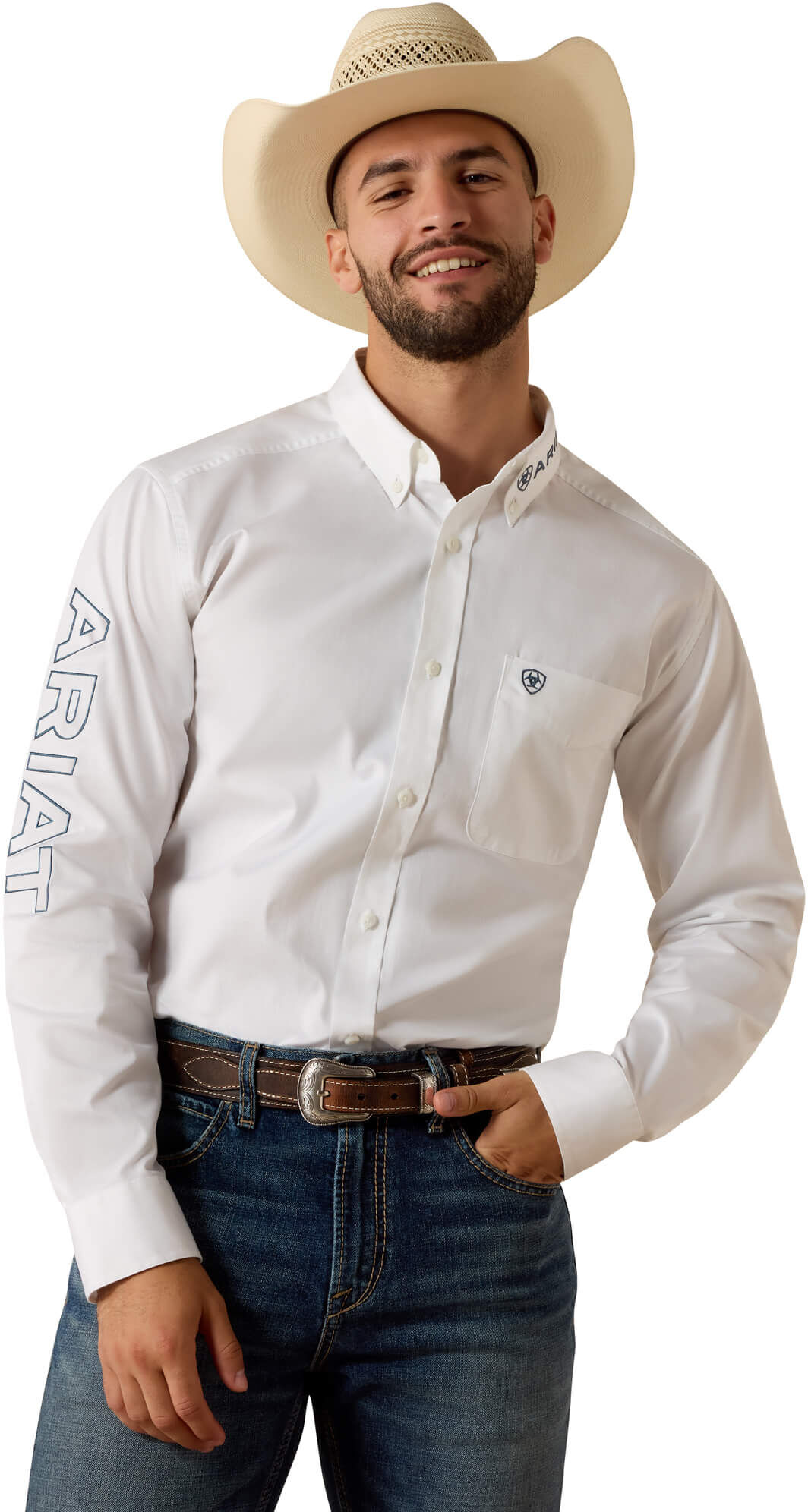 Men's Team Logo Lightweight Twill Fitted Shirt in White Blue Medallion Fill Cotton, Size: Small by Ariat