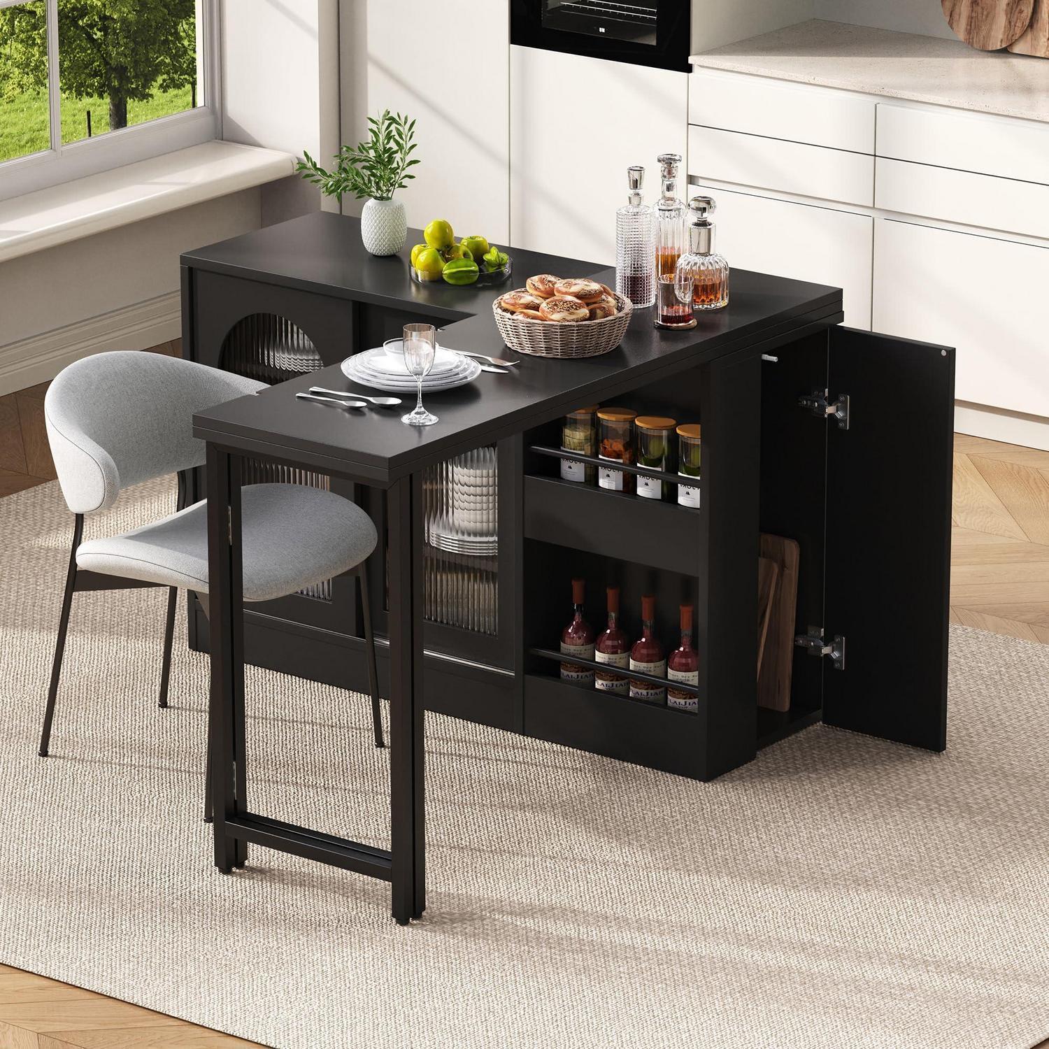Ausziehbarer Bartisch mit 360° drehbarer Platte, Sideboard mit Glasschranktür, 121.5x40x76.7cm, Schwarz