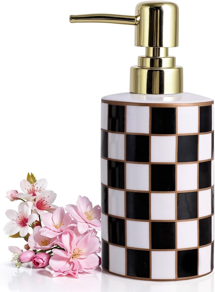 Stijlvolle Zeepdispenser met Gouden Pomp - Keramische Checkerboard Flessen voor Badkamer en Keuken