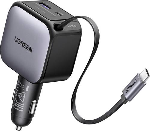 UGREEN EC602 60W Car Charger Kfz Ladegerät 60W 2x USB-C, 1x USB-A QC 3.0, USB PD 3.0 Grau KFZ, LKW aufwickelbares USB-C-Kabel
