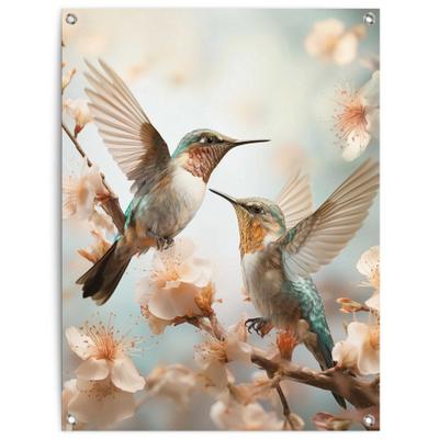 Poster REINDERS "Spring Birds", blau (farbe bild(er): blau), B:60cm H:80cm T:0,1cm, Bilder, Poster, Garten - Kolibri - Frühling - Blüte - Blau - Leinwand - Tiere