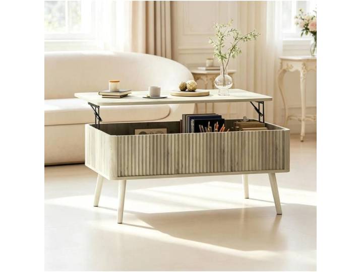 Table basse relevable avec plateau relevable et rangement caché pour salon en MDF et pin couleur chêne