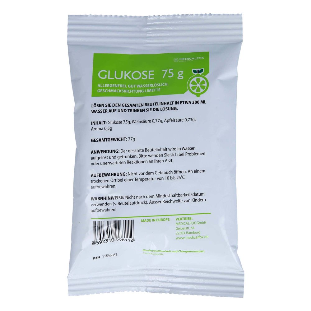 MEDICALFOX GmbH Glukose 75 g Limette Plv.z.her.e.lsg.z.einnehmen 11540082