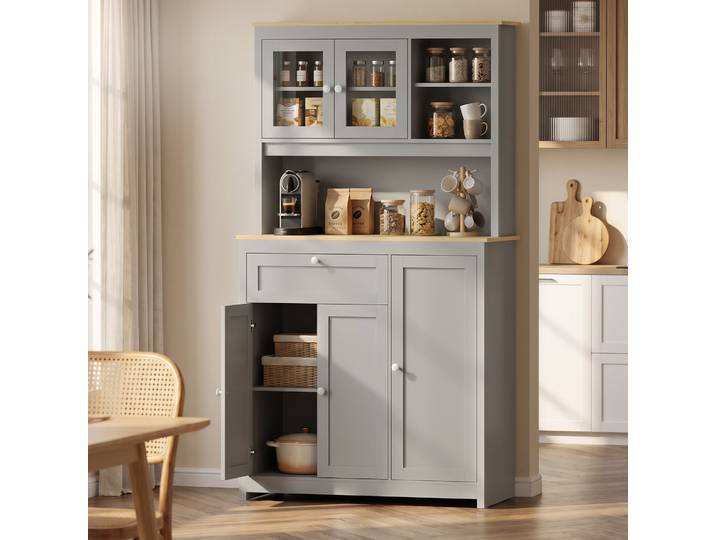 HOMCOM Buffet Cuisine 180cm Gris Armoire Portes Vitrées Passe-Câble