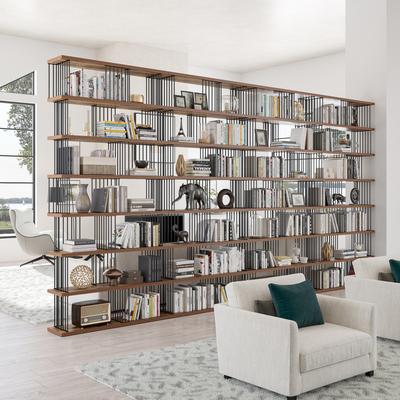 Davee Furniture 189'' x 100.4'' Modern Antique Walnut Wood & Steel Room Divider Bookcase - 189'' x 100.4'' x 11.8''