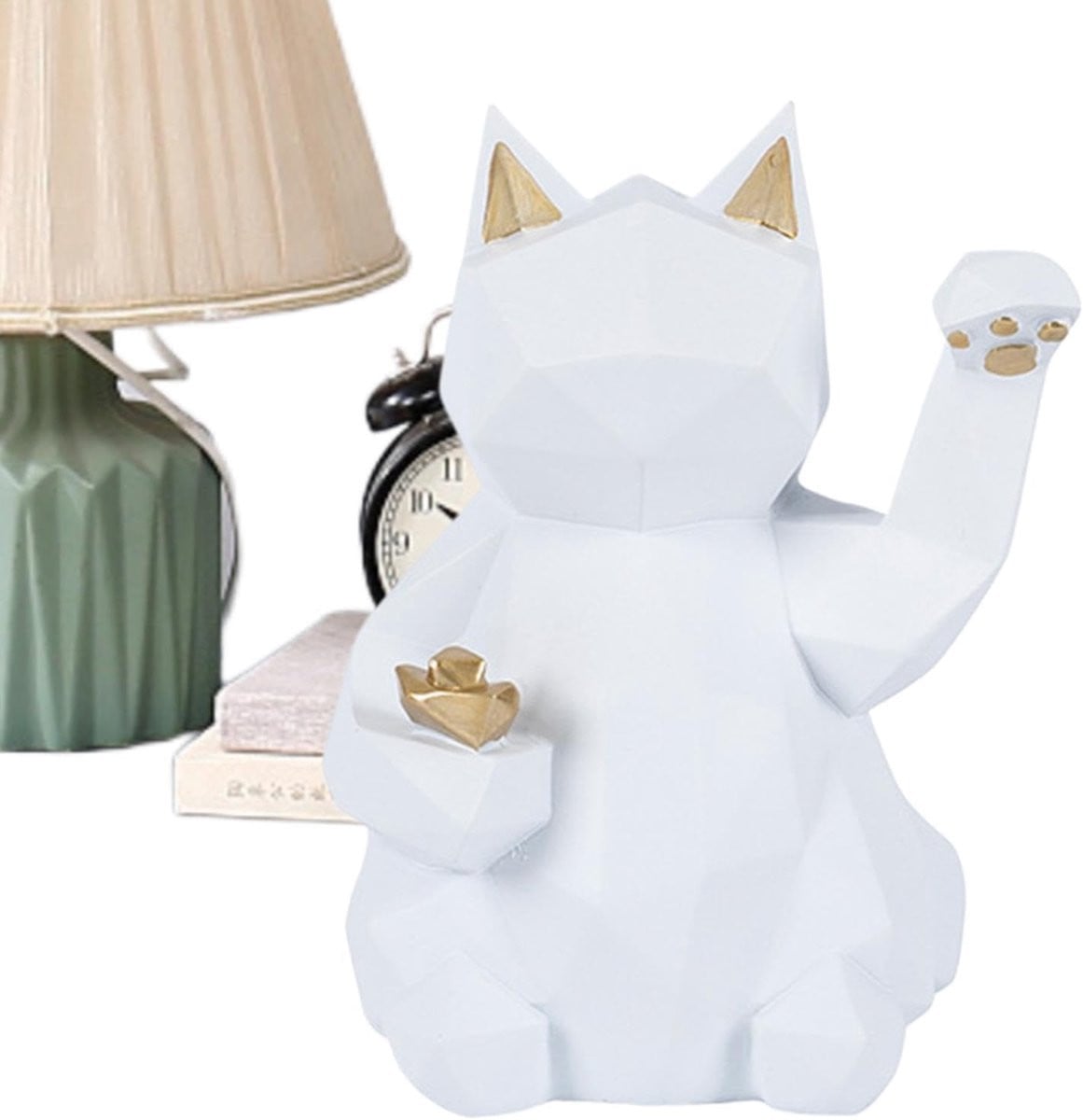 Wit Kattenbeeldje Decoratie - Geometrisch Gelukskat Ornament - Hoogte: 215 cm